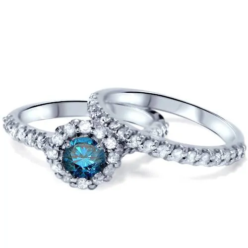 1 7/8ct Blue Diamond Halo Engagement Wedding Ring Set 14K White Gold