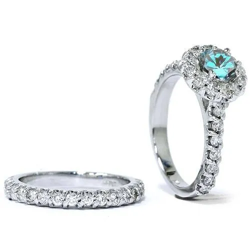 1 7/8ct Blue Diamond Halo Engagement Wedding Ring Set 14K White Gold