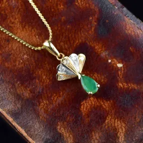 14K Gold Fan Diamond Emerald Pendant Necklace