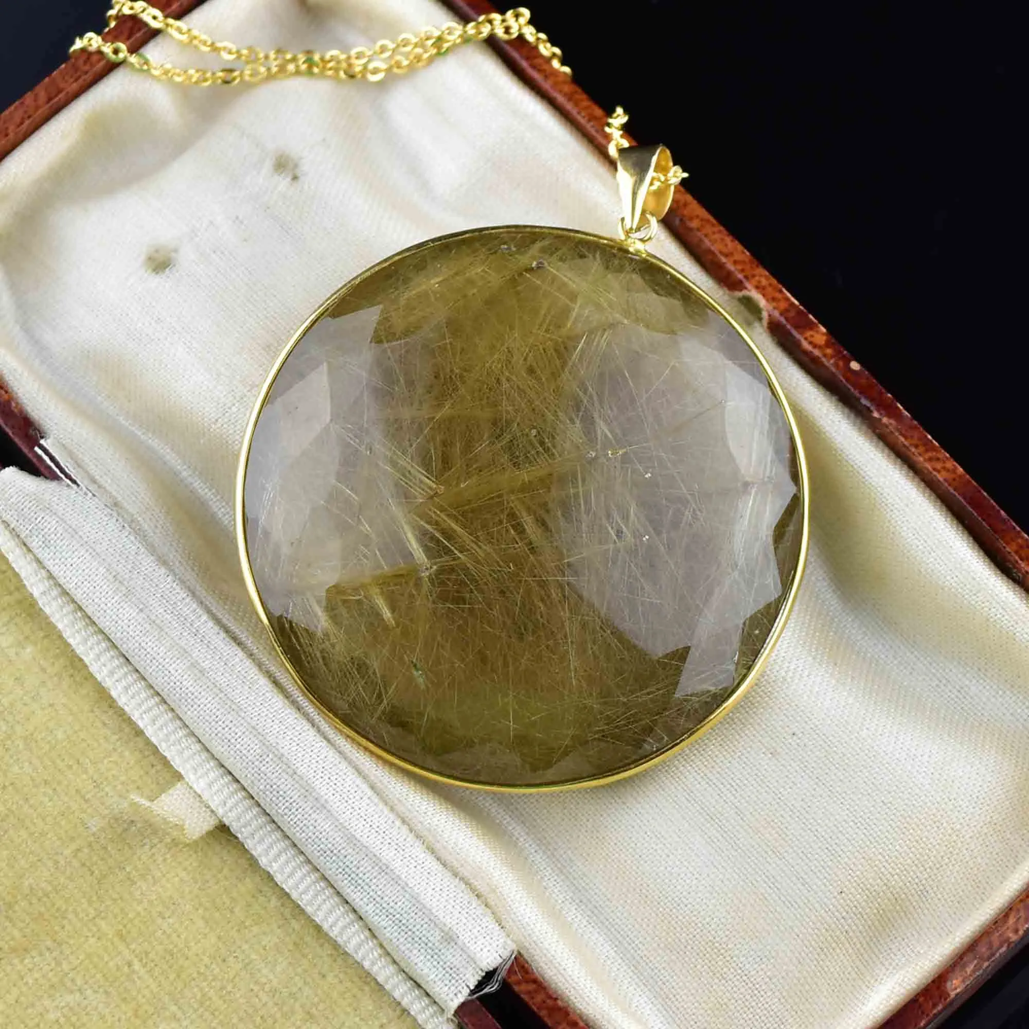 14K Gold Large Rutilated Quartz Pendant Necklace