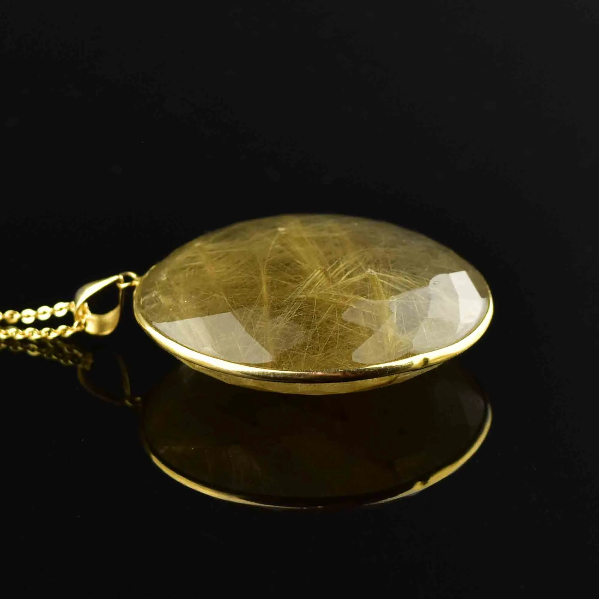 14K Gold Large Rutilated Quartz Pendant Necklace