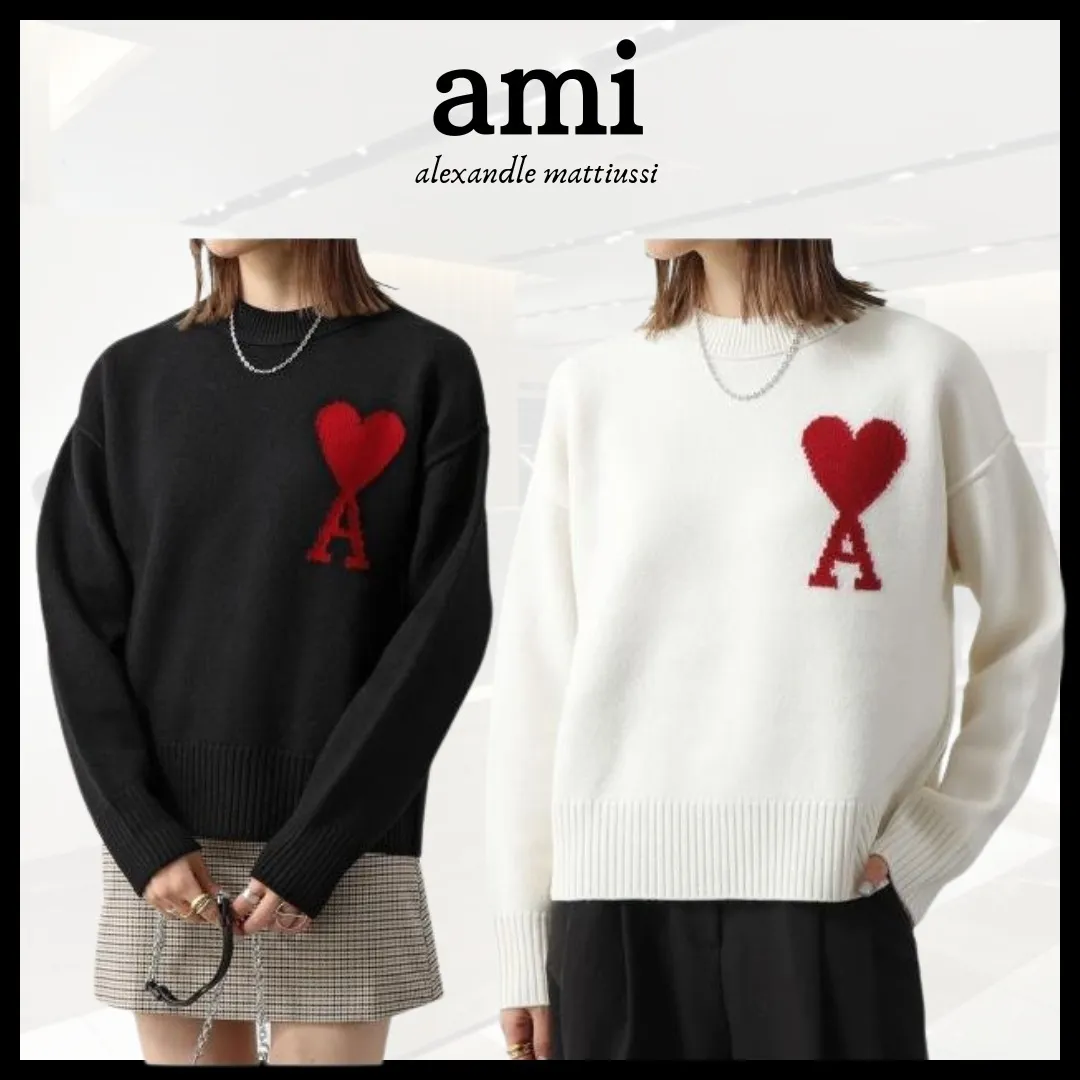 AMI PARIS  |Crew Neck Wool U-Neck Long Sleeves Plain Office Style