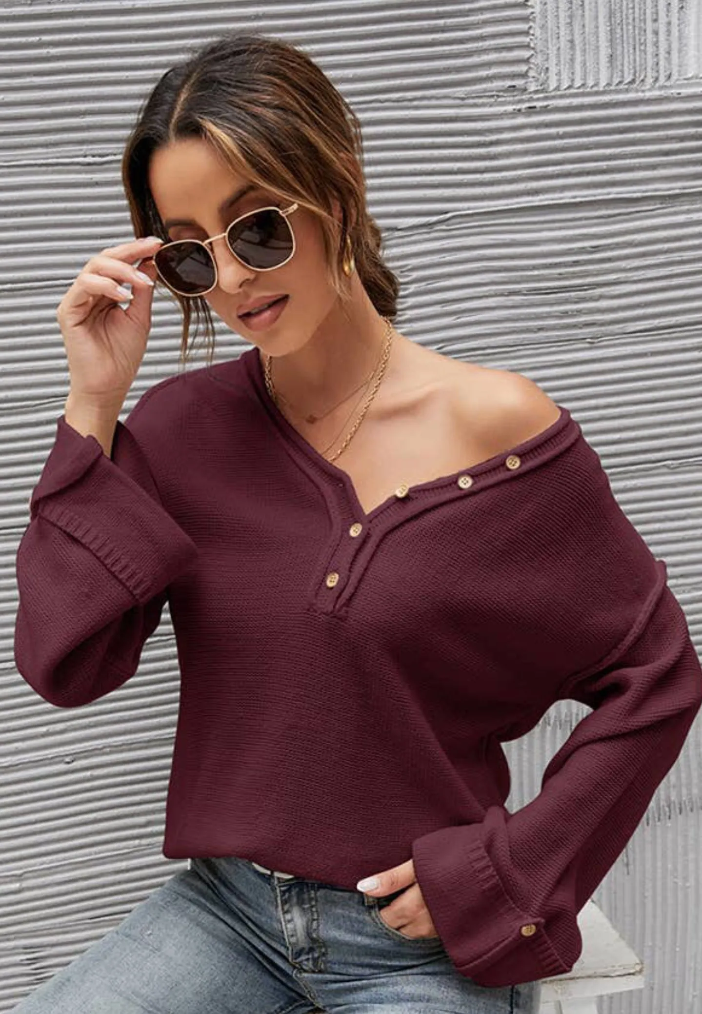 C+D+M Burgundy Henley Sweater