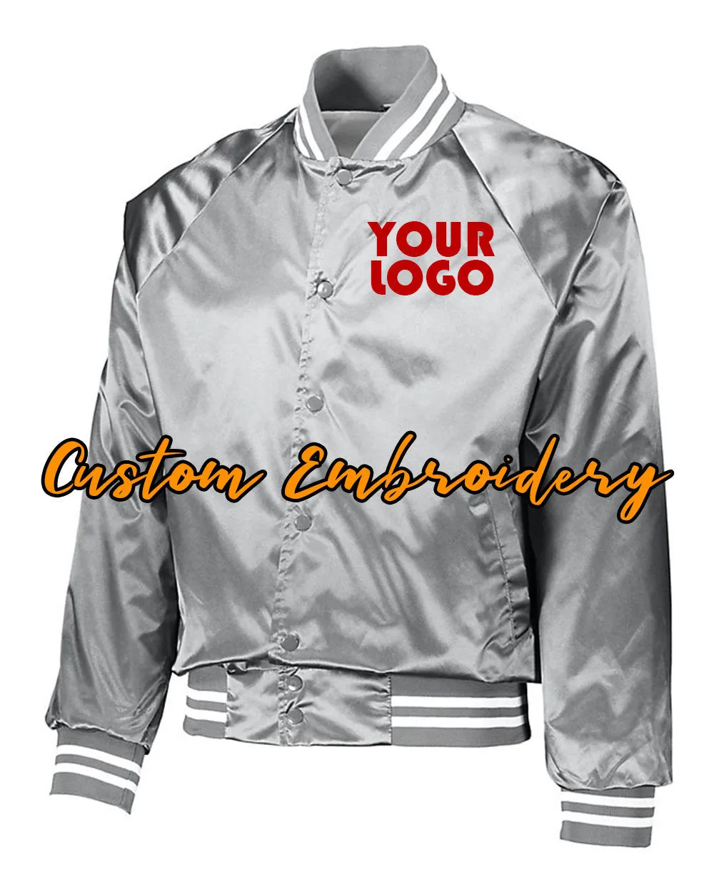 Custom Embroidered Satin Baseball Jacket Striped Trim - Bomber Jacket with 4in x 4in Embroidery Included - No Setup