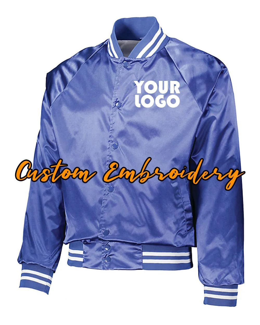 Custom Embroidered Satin Baseball Jacket Striped Trim - Bomber Jacket with 4in x 4in Embroidery Included - No Setup