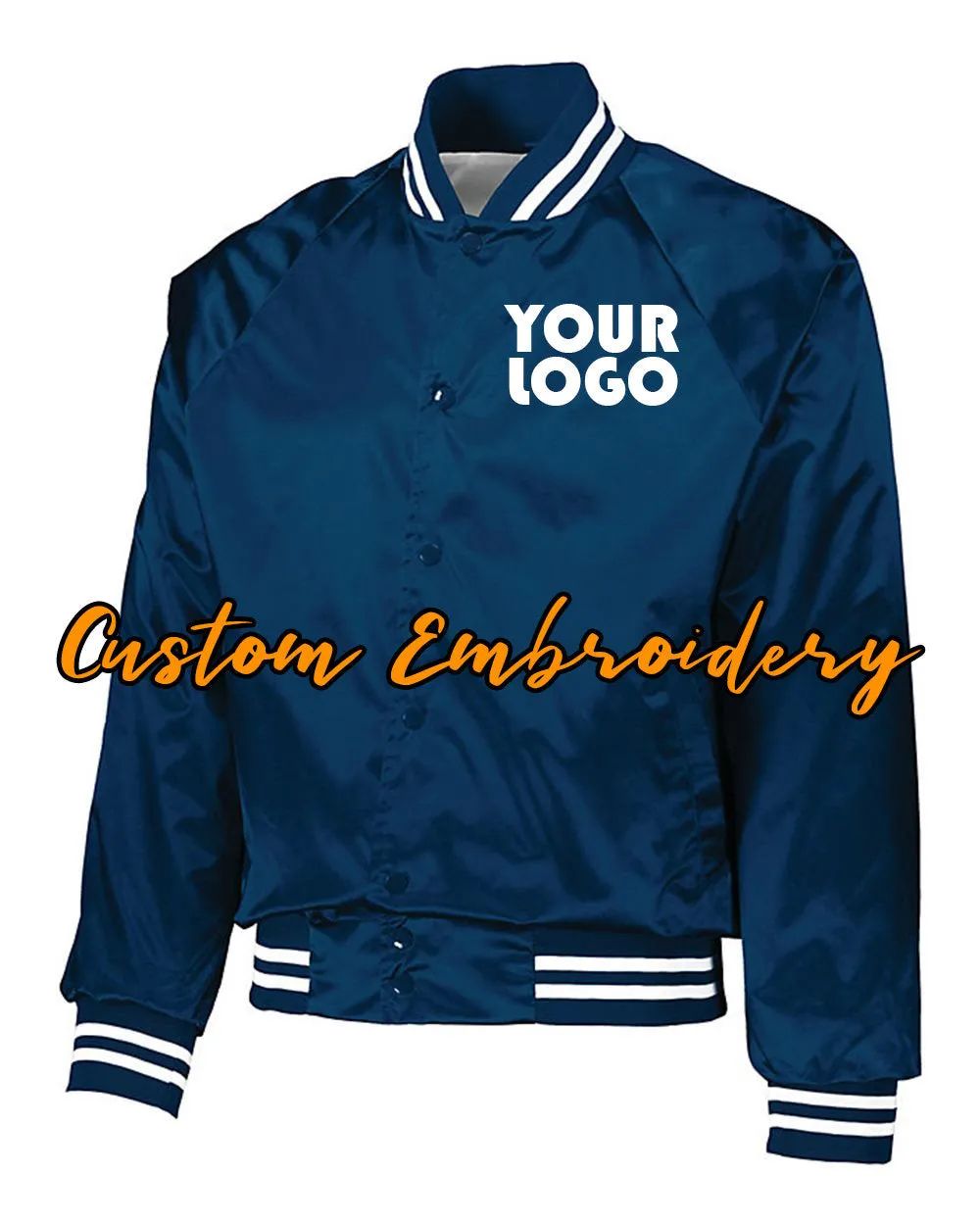 Custom Embroidered Satin Baseball Jacket Striped Trim - Bomber Jacket with 4in x 4in Embroidery Included - No Setup