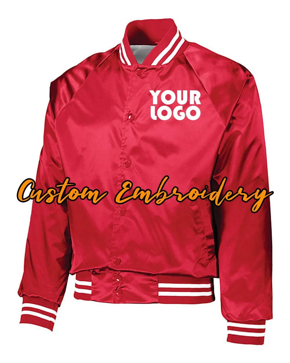 Custom Embroidered Satin Baseball Jacket Striped Trim - Bomber Jacket with 4in x 4in Embroidery Included - No Setup