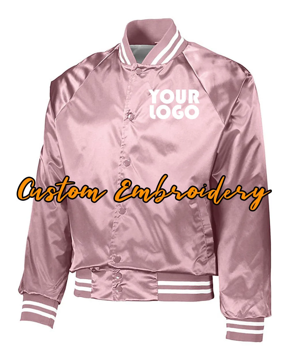 Custom Embroidered Satin Baseball Jacket Striped Trim - Bomber Jacket with 4in x 4in Embroidery Included - No Setup