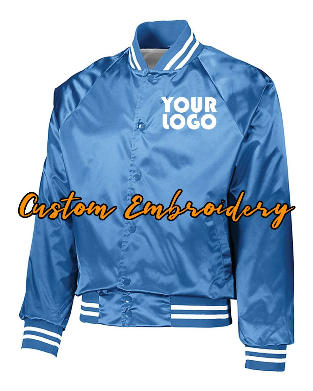 Custom Embroidered Satin Baseball Jacket Striped Trim - Bomber Jacket with 4in x 4in Embroidery Included - No Setup