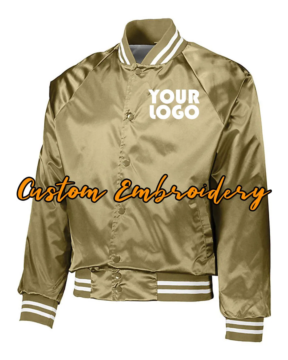 Custom Embroidered Satin Baseball Jacket Striped Trim - Bomber Jacket with 4in x 4in Embroidery Included - No Setup