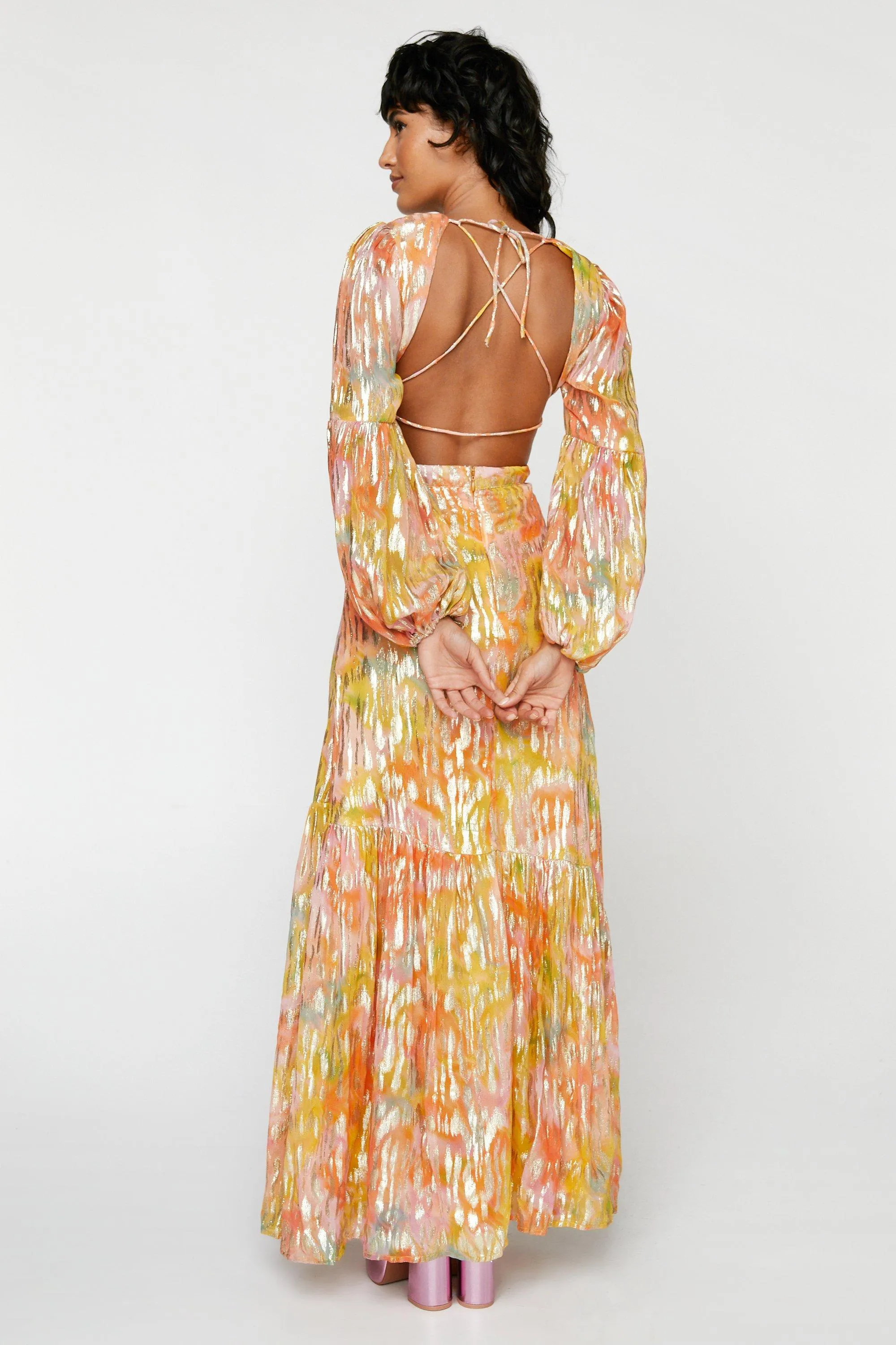 Dresses | Metallic Blurred Floral Open Back Maxi Dress | NastyGal