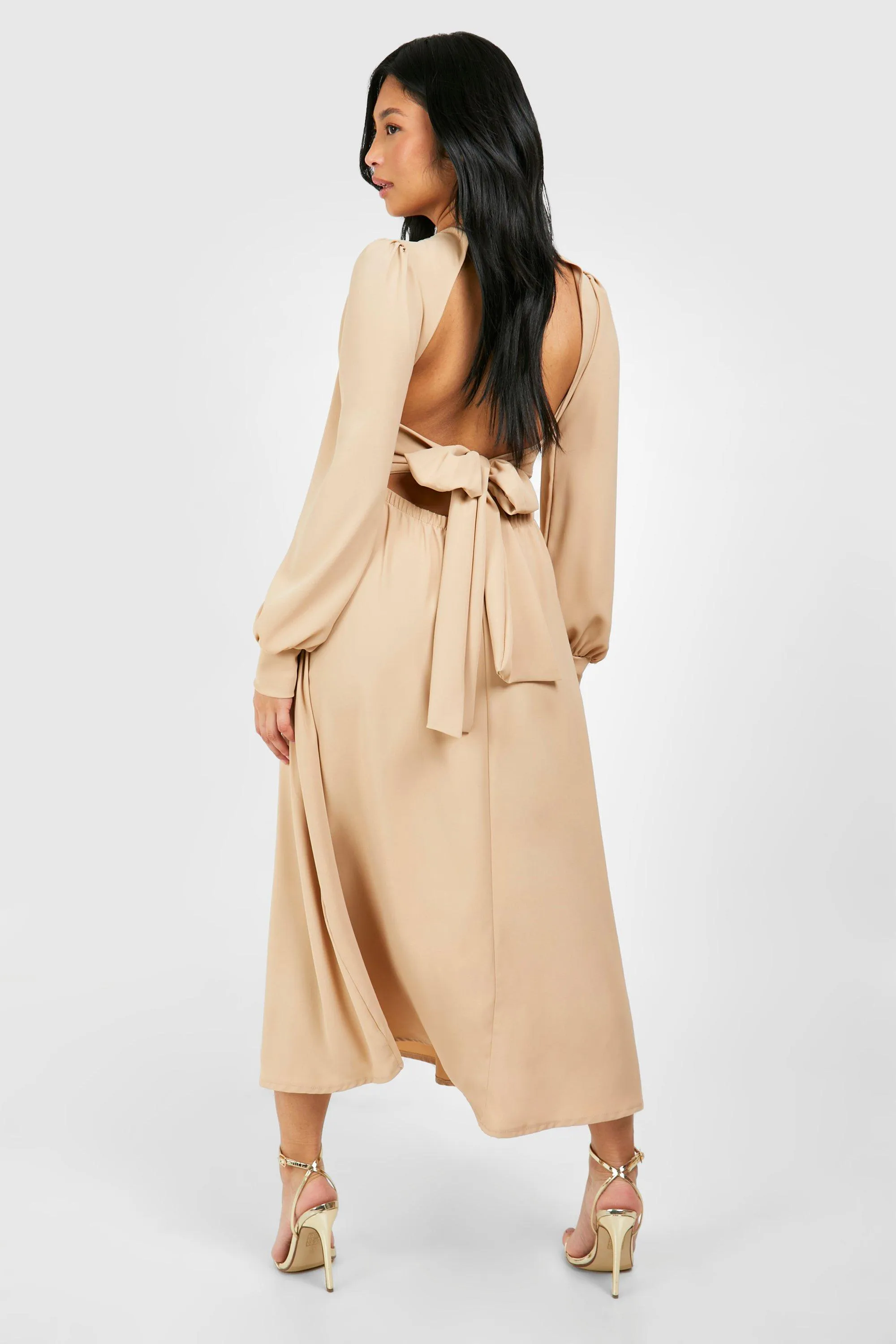 Dresses | Petite Tie Back Volume Sleeve Satin Midaxi Dress | boohoo