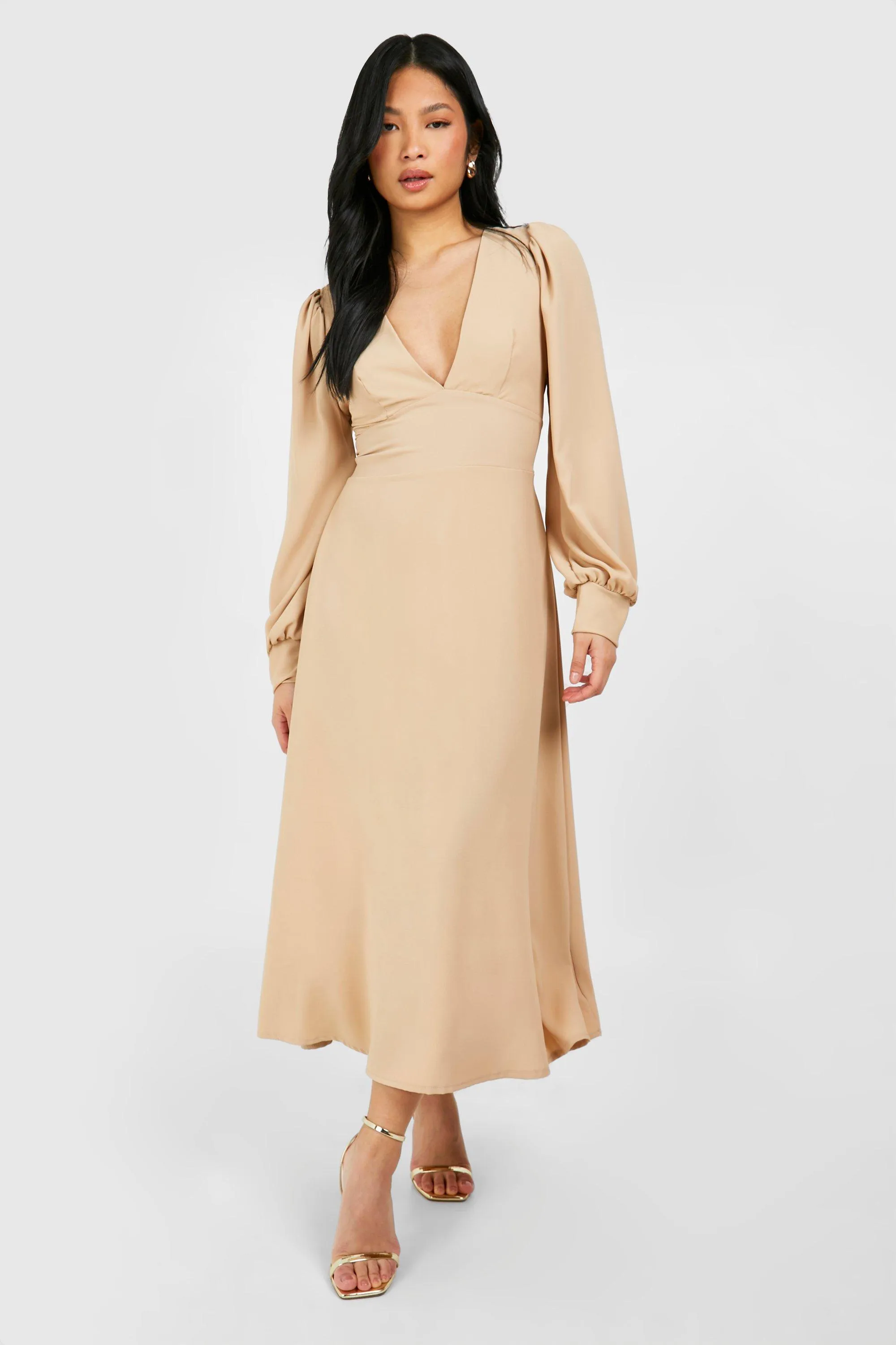 Dresses | Petite Tie Back Volume Sleeve Satin Midaxi Dress | boohoo