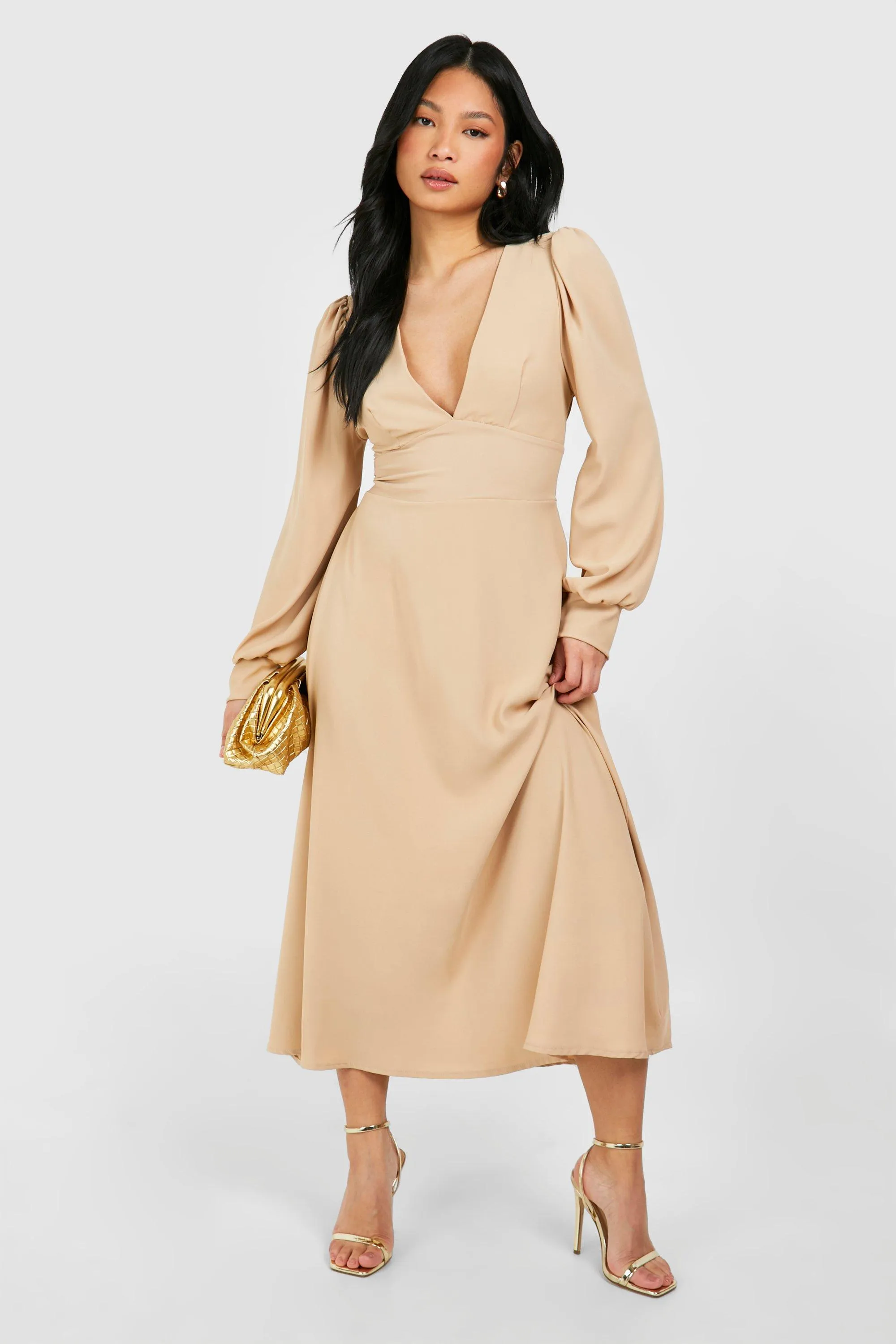 Dresses | Petite Tie Back Volume Sleeve Satin Midaxi Dress | boohoo