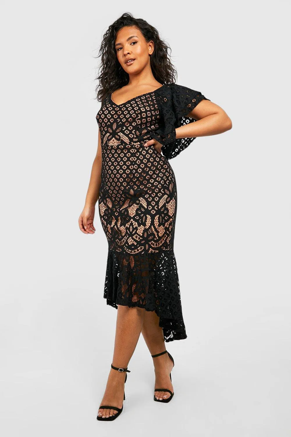 Dresses | Plus Contrast Lace Peplum Frill Midi Dress | boohoo