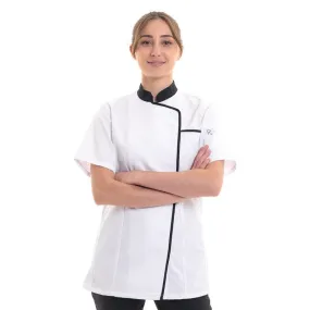 Expression Women's White Kitchen Coat with Black Piping - ROBUR