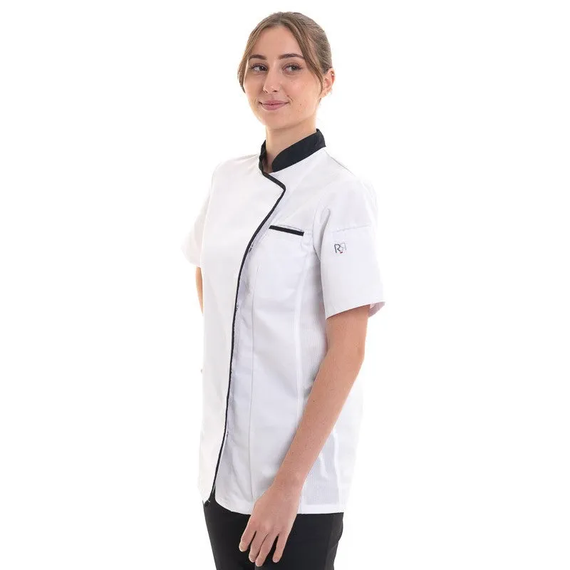 Expression Women's White Kitchen Coat with Black Piping - ROBUR