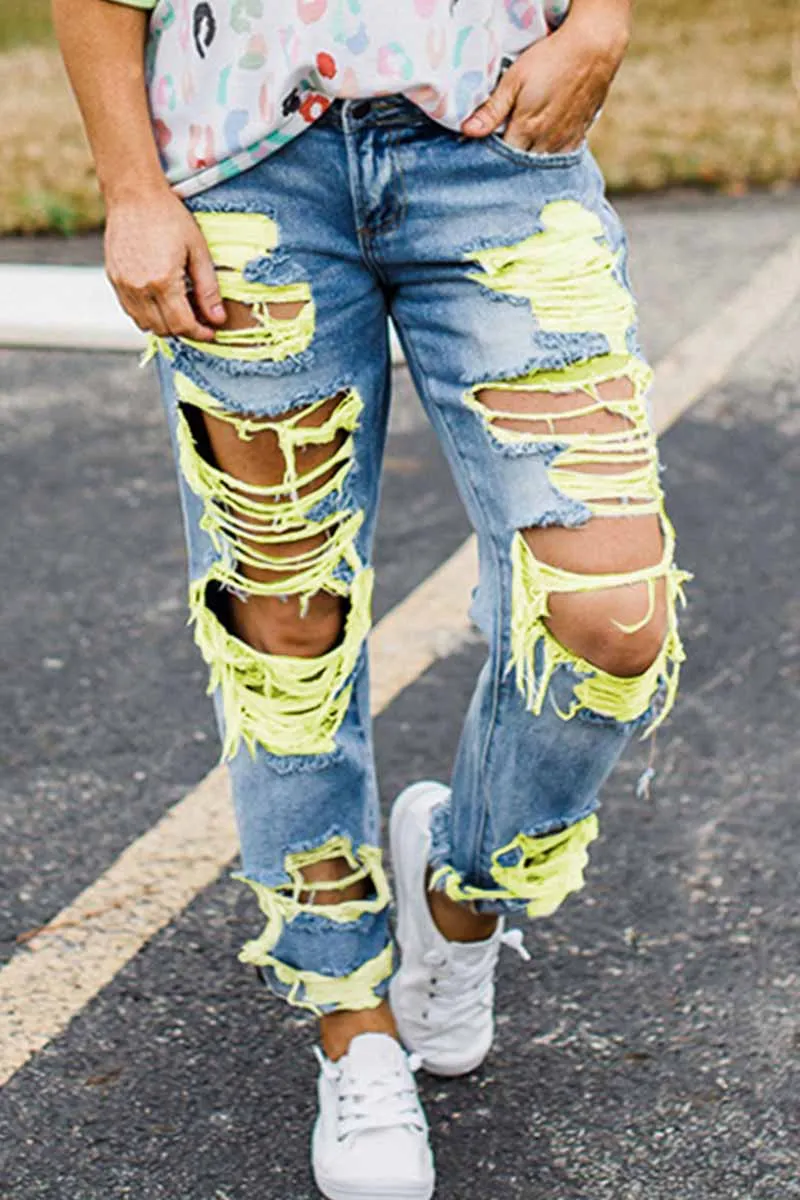 Fashion Yellow Ripped Jeans