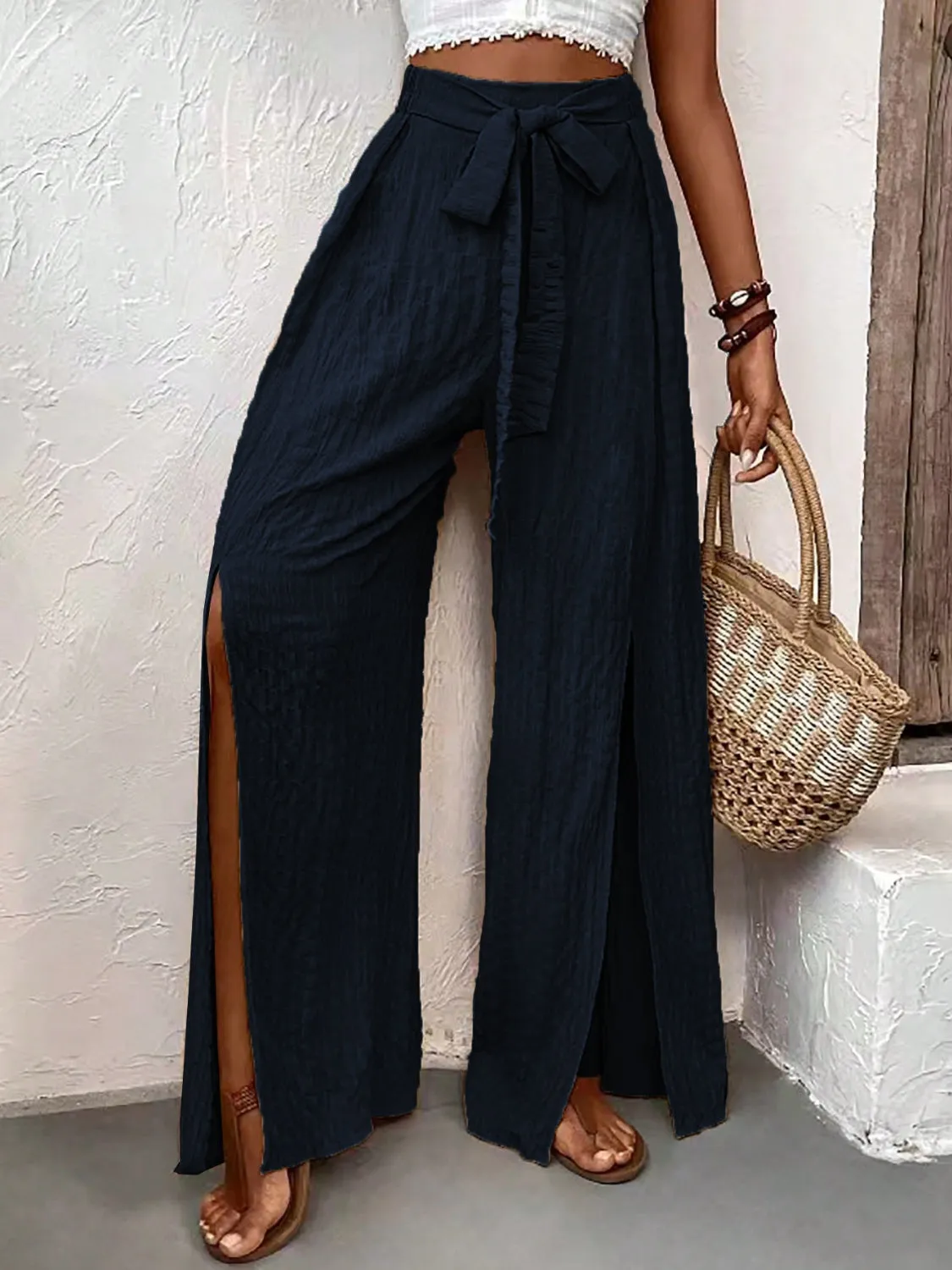 Front Slit Wide Leg Pants