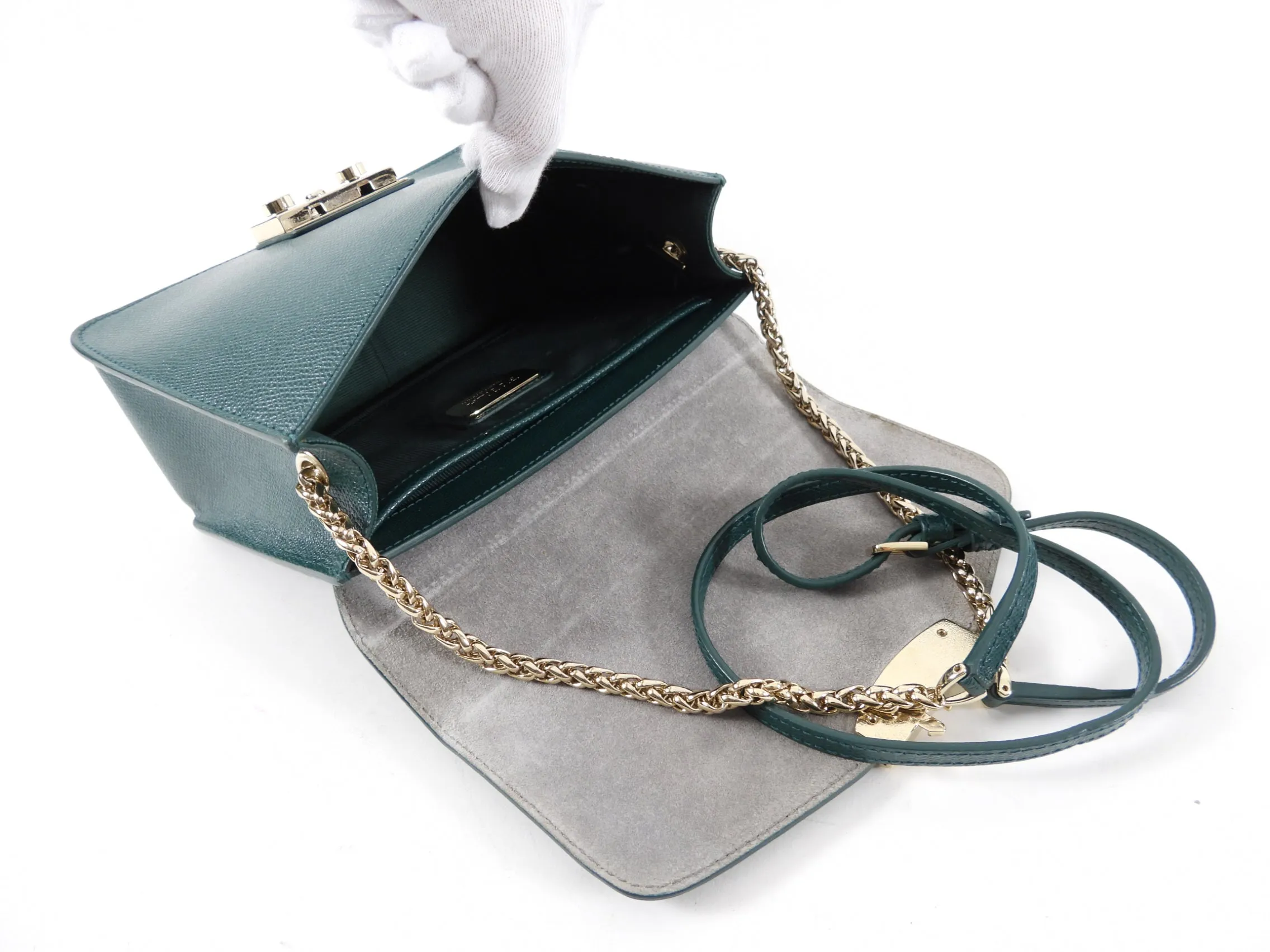 Furla Metropolis Green Grained Leather Small Chain Shoulder Bag