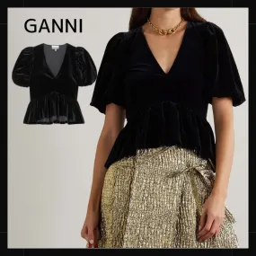 Ganni  |Casual Style Peplum Street Style Plain Short Sleeves