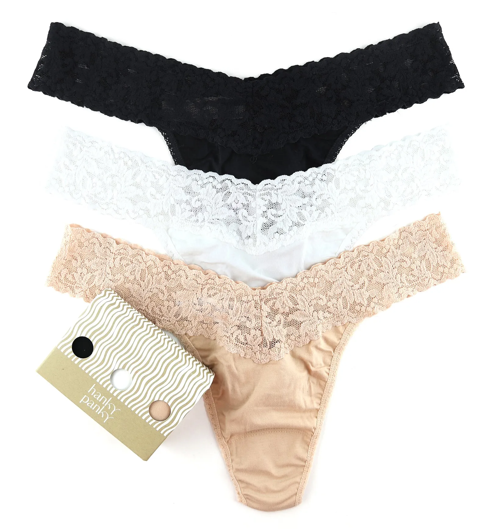 Hanky Panky 3-PACK Original Rise Cotton Thong (89183PK) - Black/White/Chai