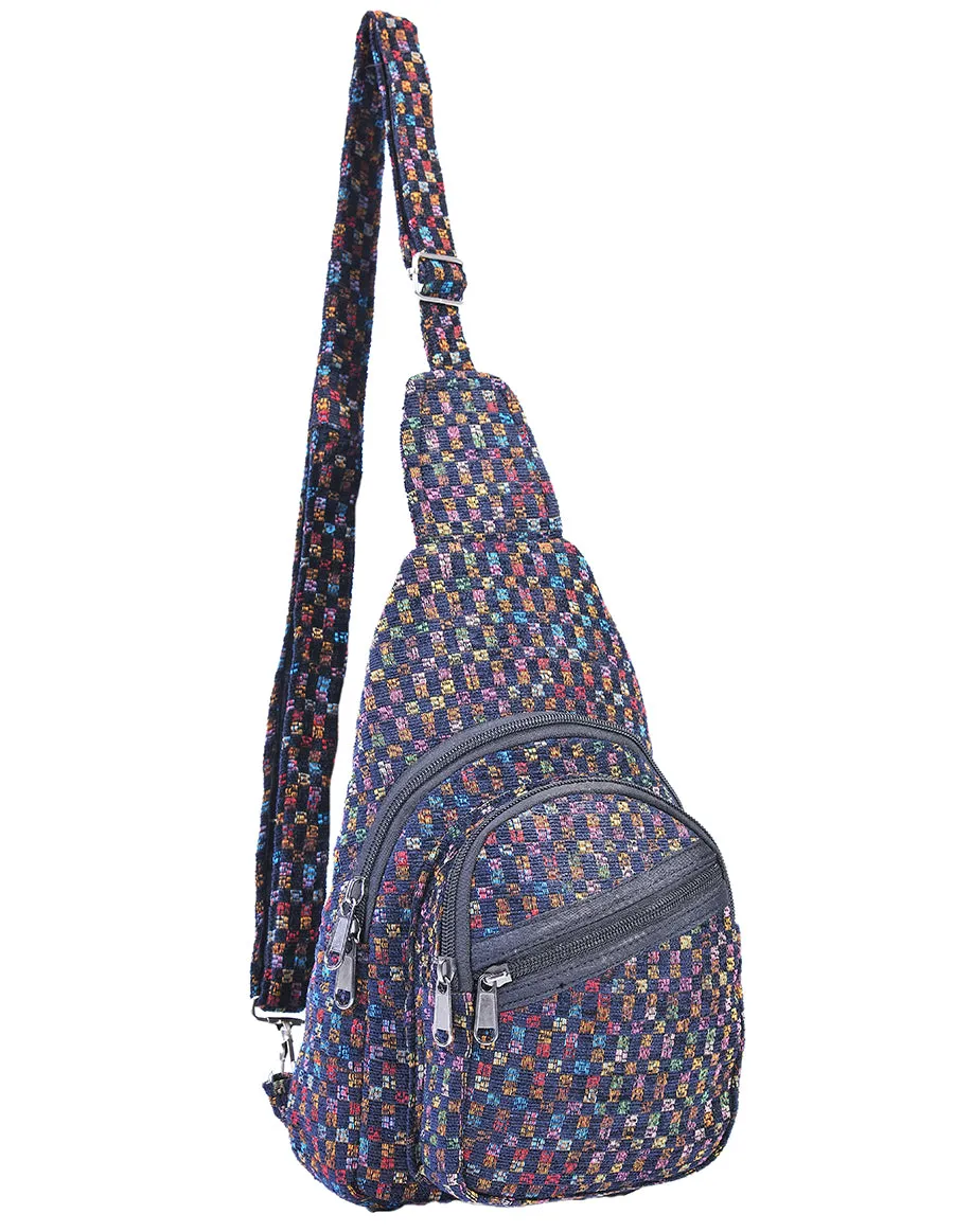 Hippie Boho Cotton Poly Bohemian Sling Bag Backpack Black Checkered