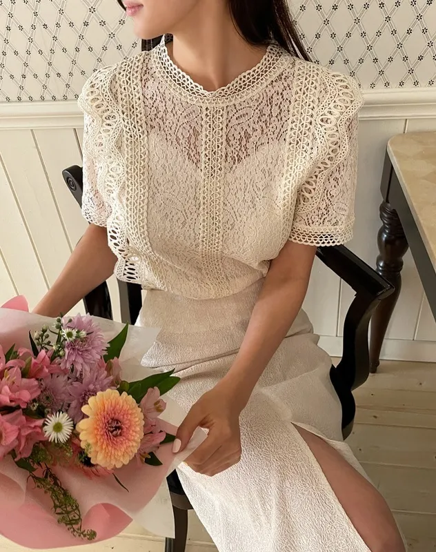 I AM MARI  |Short Sleeves Party Style Lace Office Style Elegant Style