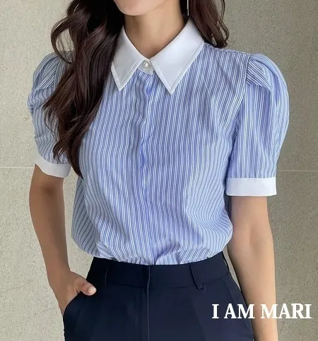 I AM MARI  |Stripes Casual Style Short Sleeves Party Style Office Style