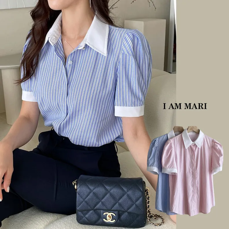 I AM MARI  |Stripes Casual Style Short Sleeves Party Style Office Style