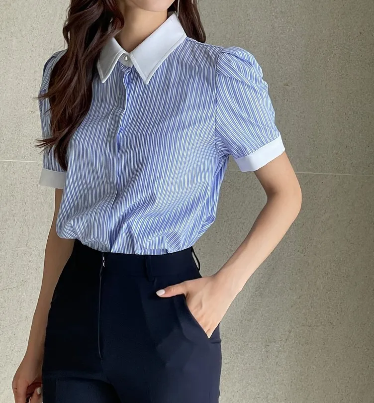 I AM MARI  |Stripes Casual Style Short Sleeves Party Style Office Style