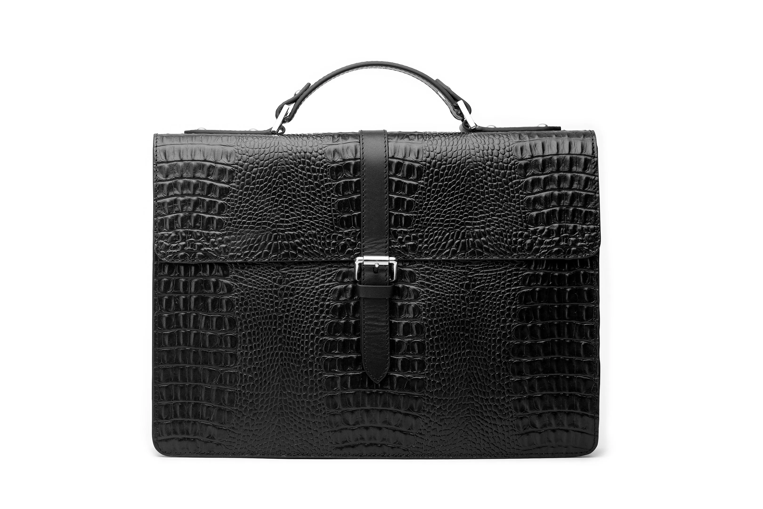 Leather Laptop Briefcase - Crocodile Pattern Black