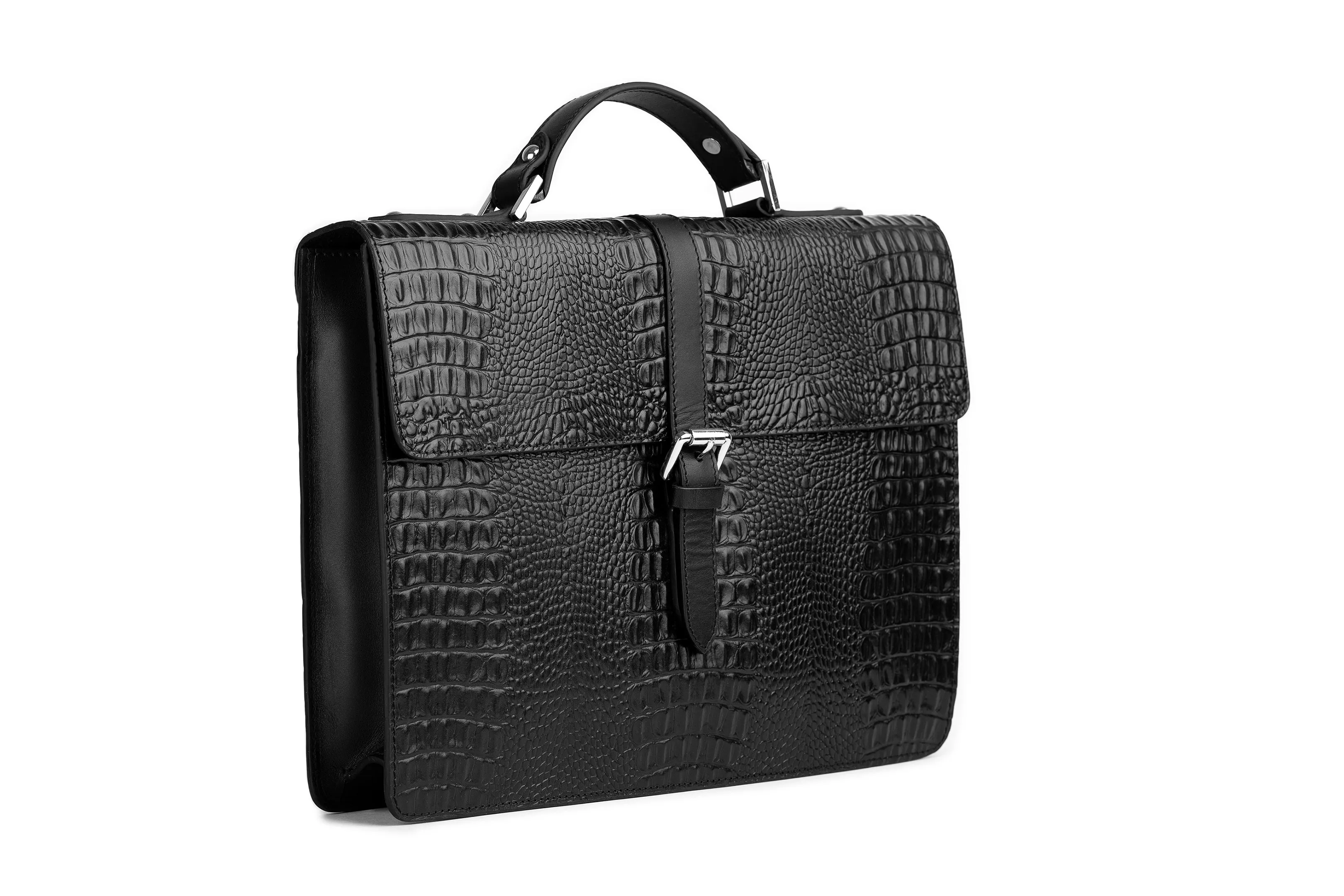 Leather Laptop Briefcase - Crocodile Pattern Black