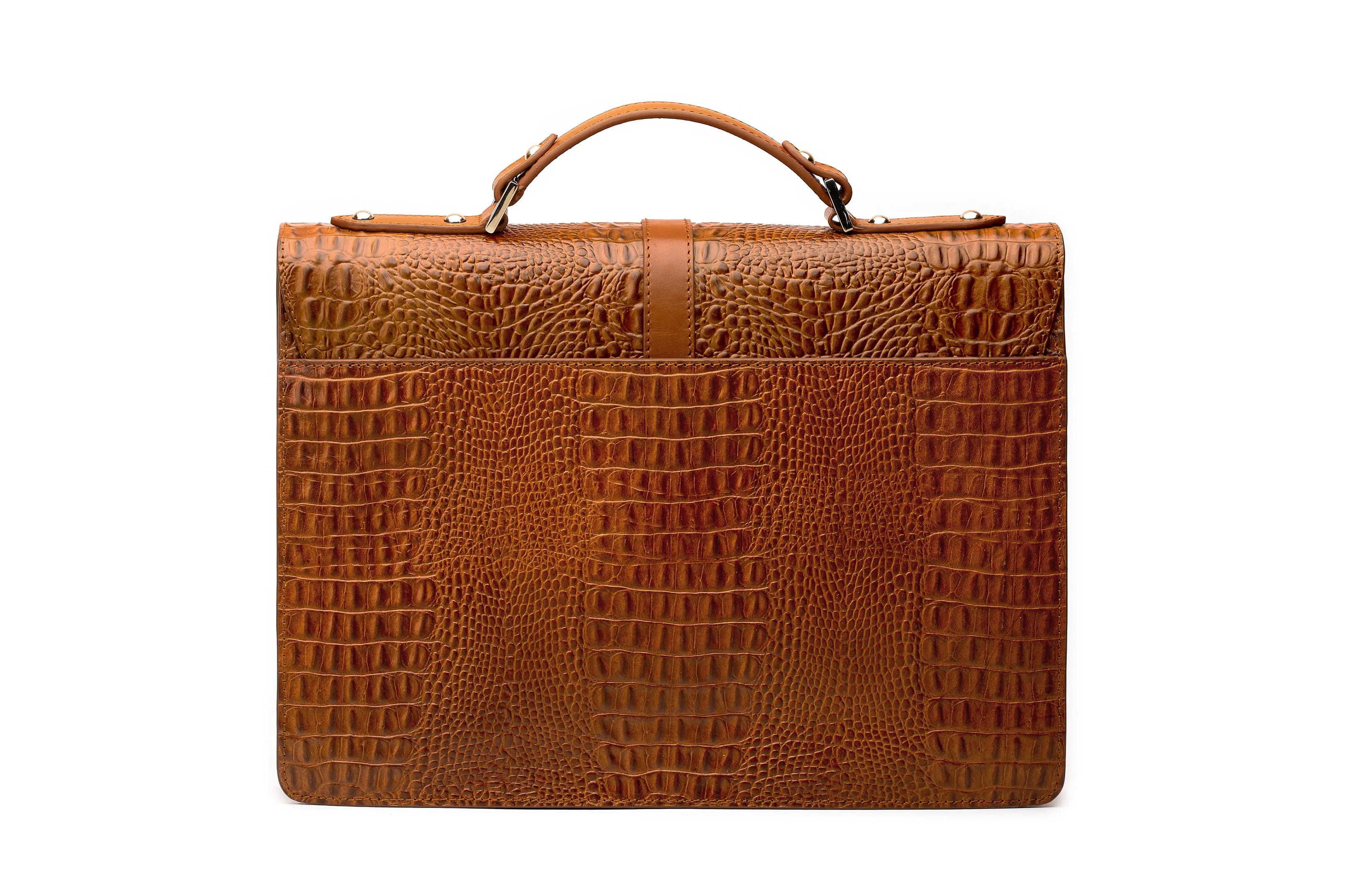 Leather Laptop Briefcase - Crocodile Pattern Brown