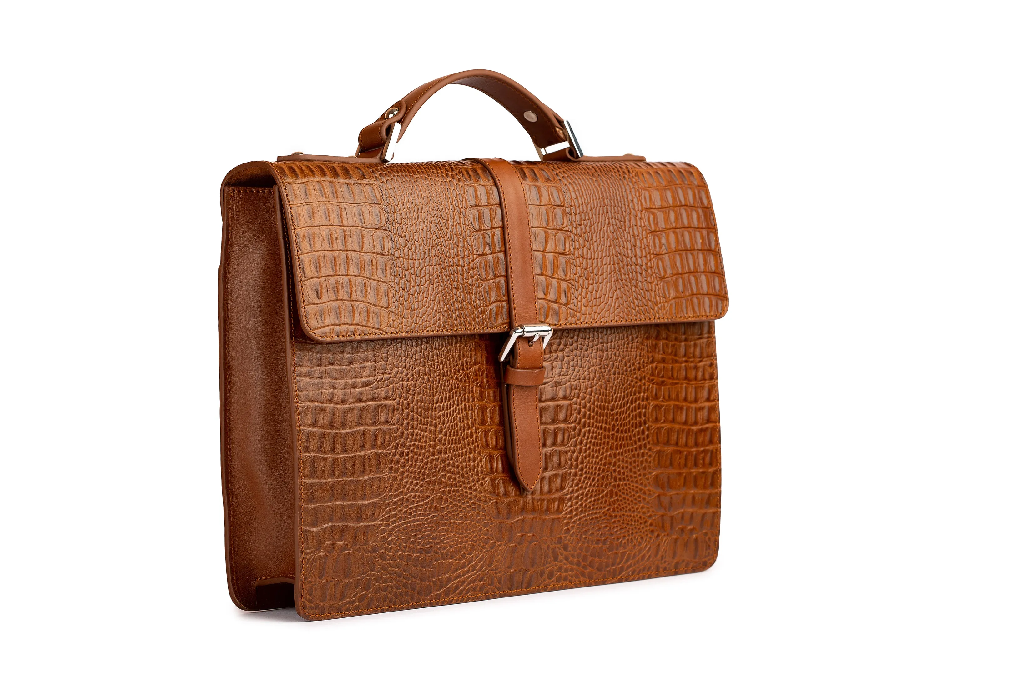 Leather Laptop Briefcase - Crocodile Pattern Brown