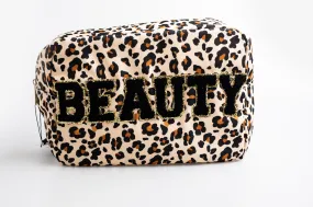 Leopard Extra Large Nylon Pouch with B-E-A-U-T-Y patches