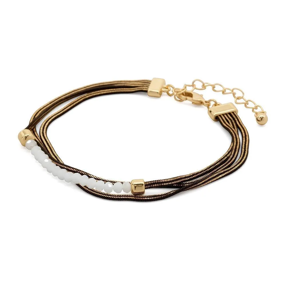 Liquid Metal Bracelet with White Glass Beads Gold/Black