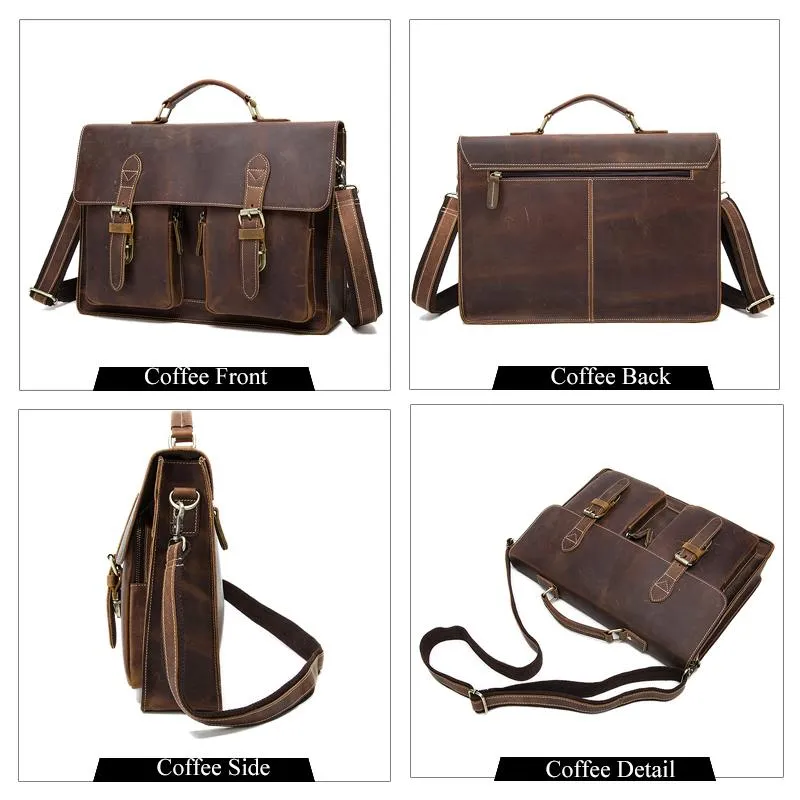 Men’s Crazy Horse Genuine Leather Laptop Briefcase Handbags for Office