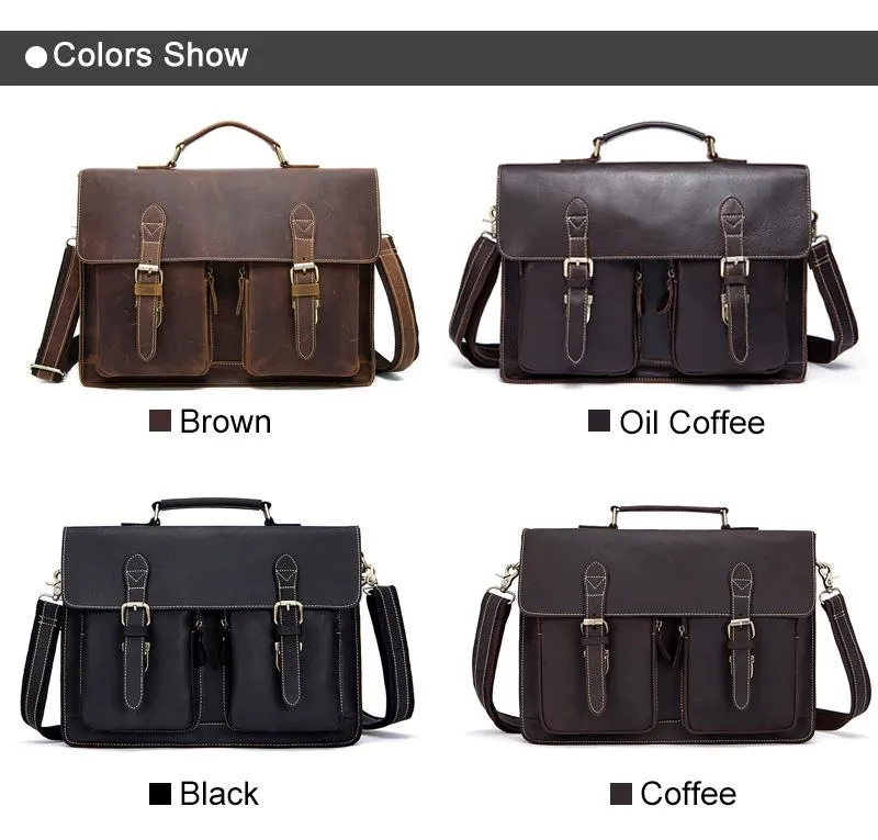 Men’s Crazy Horse Genuine Leather Laptop Briefcase Handbags for Office