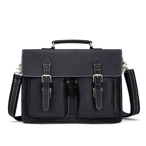 Men’s Crazy Horse Genuine Leather Laptop Briefcase Handbags for Office