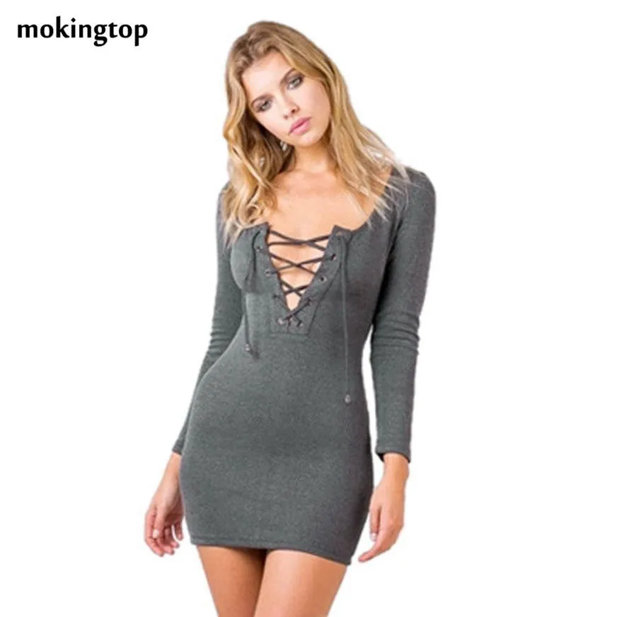 mokingtop Bodycon Dress Cross Bandage Sexy V-Neck Women Slim Club Dress Long Sleeve Women Dresses Vestido De Manga Larga#212 SM6