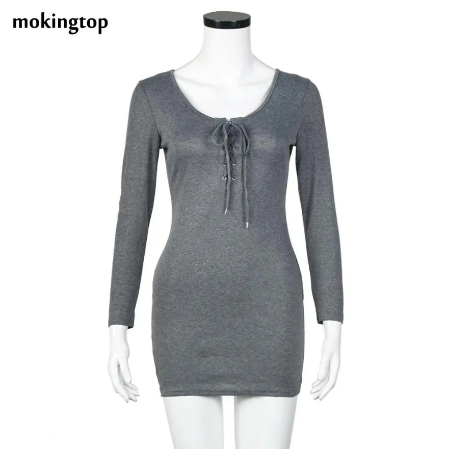 mokingtop Bodycon Dress Cross Bandage Sexy V-Neck Women Slim Club Dress Long Sleeve Women Dresses Vestido De Manga Larga#212 SM6