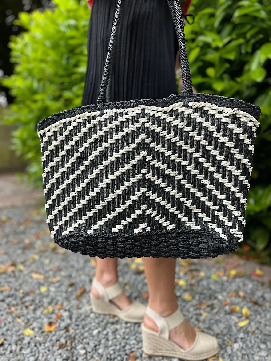 Monochrome Straw Weave Patterned Tote Bag