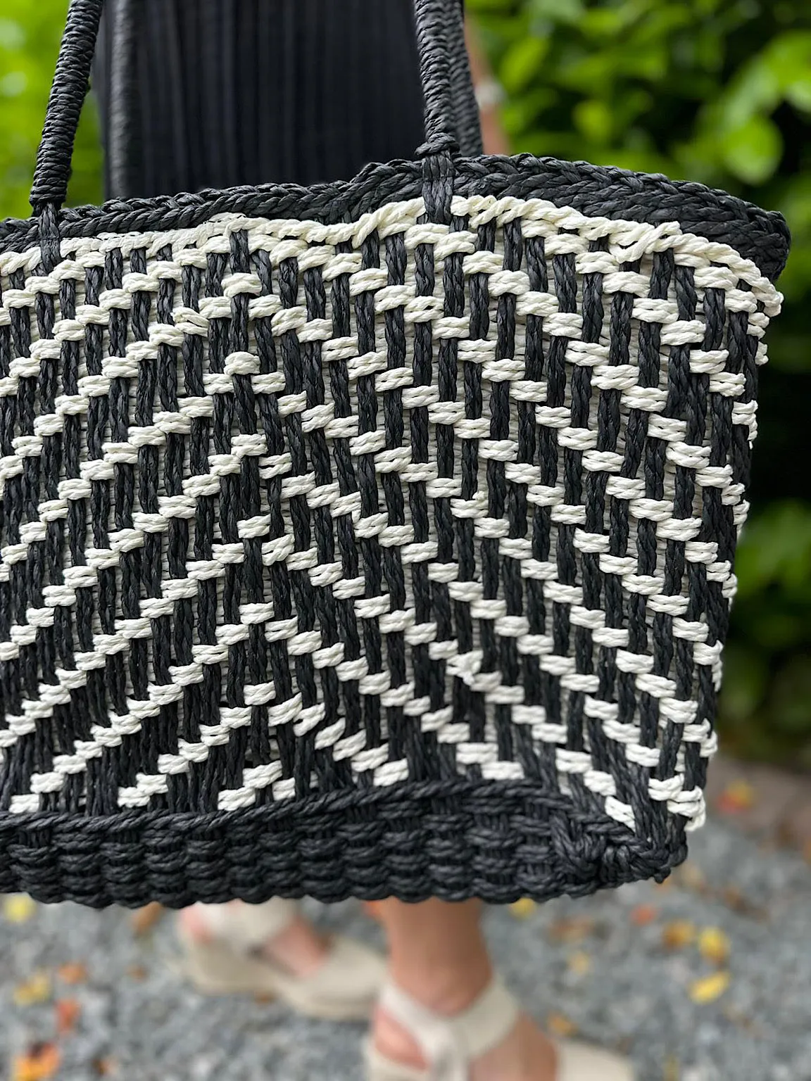 Monochrome Straw Weave Patterned Tote Bag