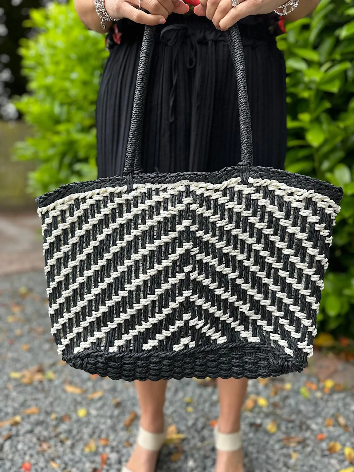 Monochrome Straw Weave Patterned Tote Bag