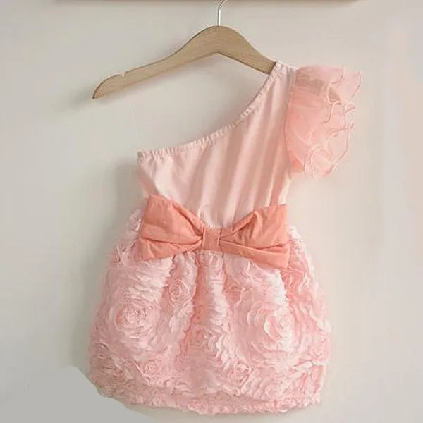 New Baby Kids One Shoulder Lace Dress Toddler Girls One Piece Dresses Bow-knotSM6