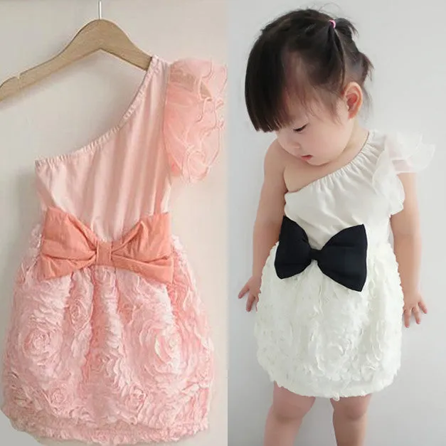 New Baby Kids One Shoulder Lace Dress Toddler Girls One Piece Dresses Bow-knotSM6