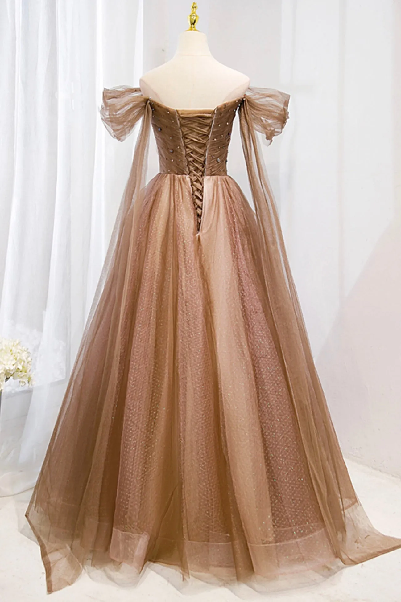 Off the Shouler Long Formal Dresses, A-Line Tulle Formal Evening Dress