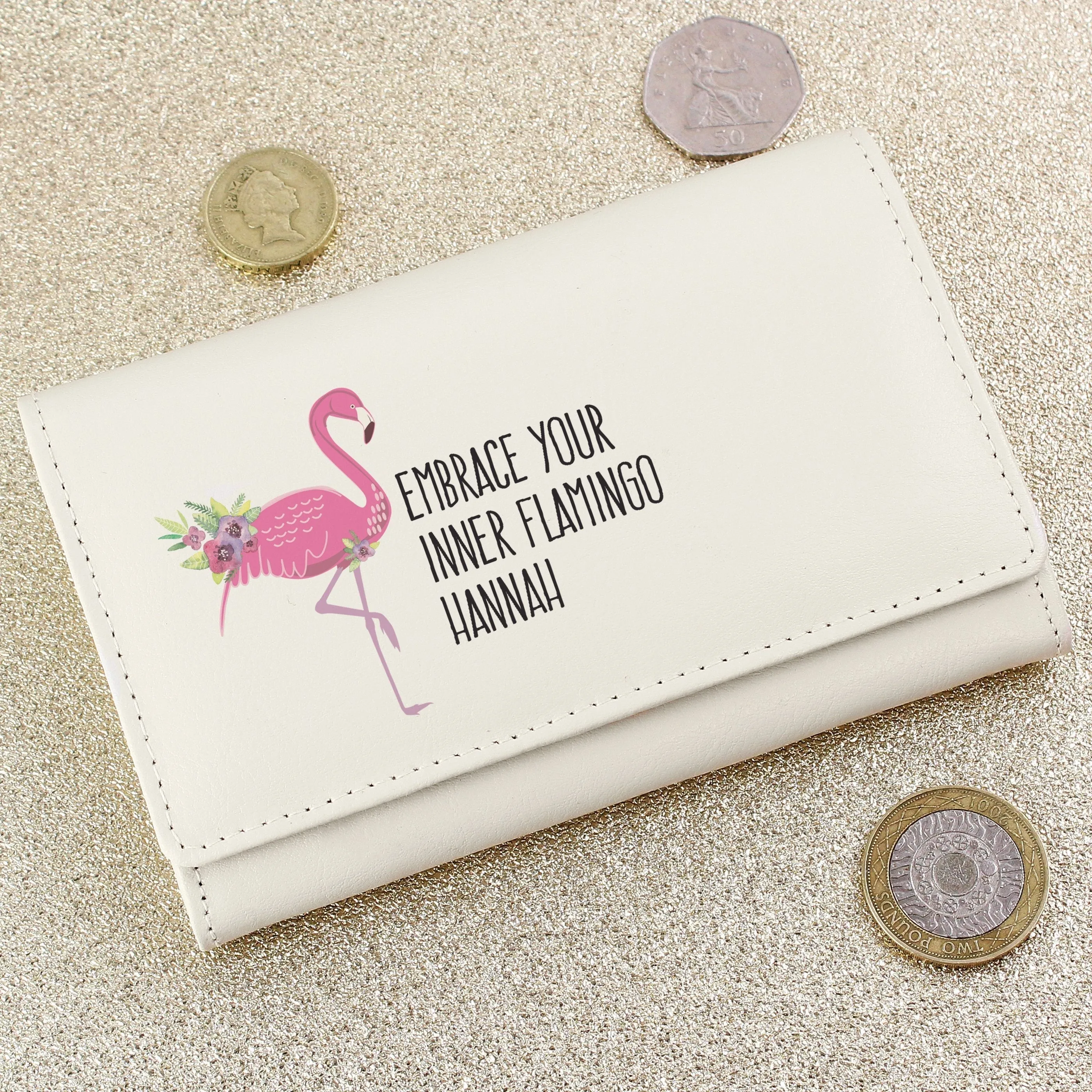 Personalised Flamingo Cream Leather Purse