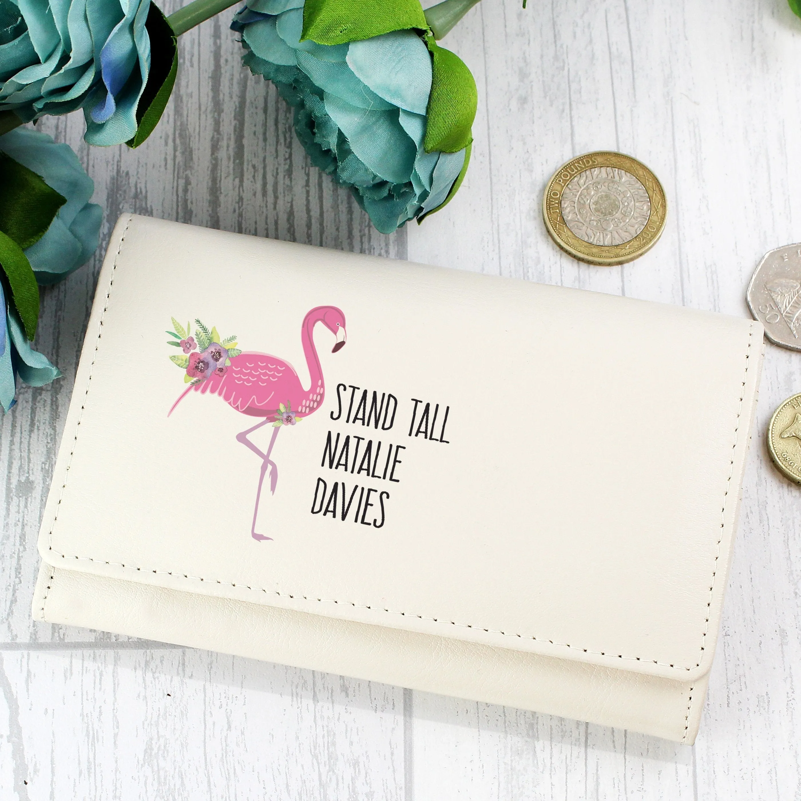 Personalised Flamingo Cream Leather Purse